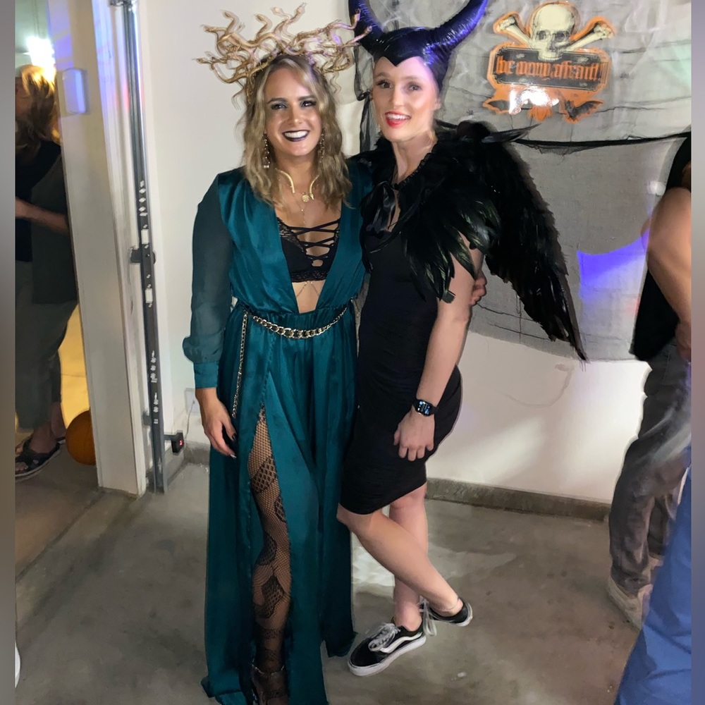 Medusa Costume (headpiece, dress, & snake fishnet tights)